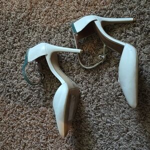 White leather and teal seed bead strap high heels